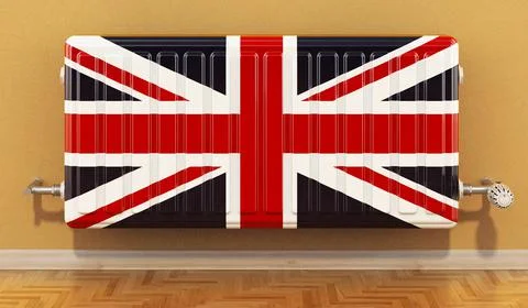 Heating radiator with British flag on the wall. Heating in the Great Britain. Stock Illustration