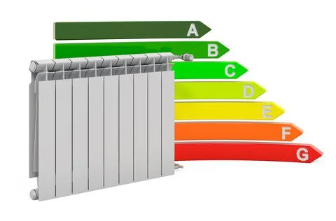 Heating radiator with energy efficiency chart, 3D rendering イラスト素材