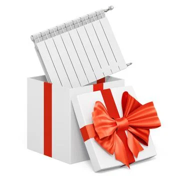Heating radiator inside gift box, present concept. 3D rendering Stock Illustration