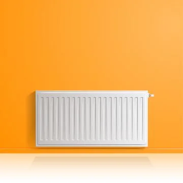 Heating radiator on orange wall, front view. 스톡 일러스트