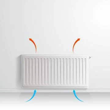 Heating radiator on white wall with arrow showing air circulation, front view. 스톡 일러스트