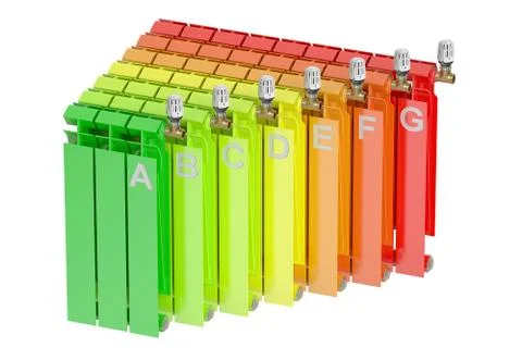 Heating radiators with energy efficiency chart, 3D rendering Stockillustratie