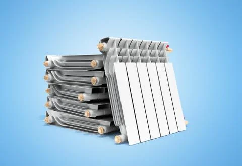 Heating radiators in stack on blue 3D rendering Stock Illustration