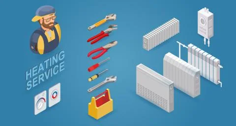 Heating service. Builder in uniform, professional tools, radiators. Vector. Stock Illustration