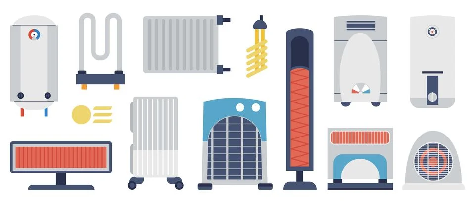 Heating system. Gas boilers and electric radiators. Home fan, air conditioner Illustrazione stock