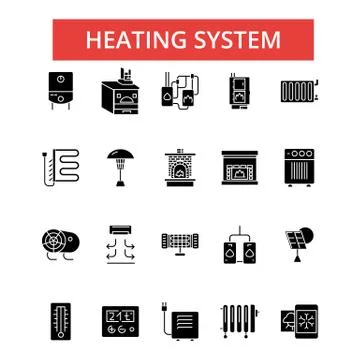 Heating system illustration, thin line icons, linear flat signs, vector symbols Stock Illustration