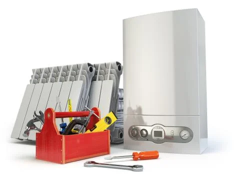 Heating system servicing or repearing concept. Gas boiler, radiators and tool 스톡 일러스트