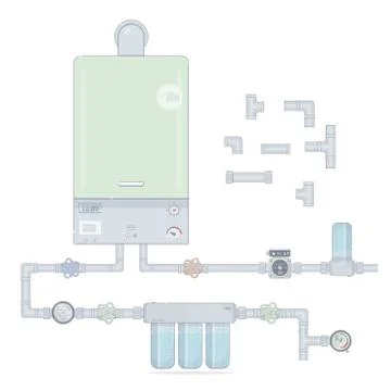 Heating system. Set gas boiler and circulation pump, water filter. Stock Illustration