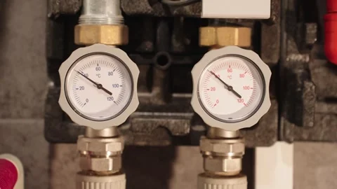 Heating System Temperature Gauges On Boiler Equipment Stock Footage 330858615