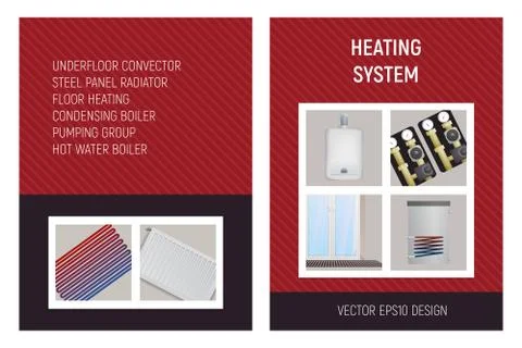 Heating system. Trench convector, pump unit, boiler, steel panel radiator, fl Illustrazione stock