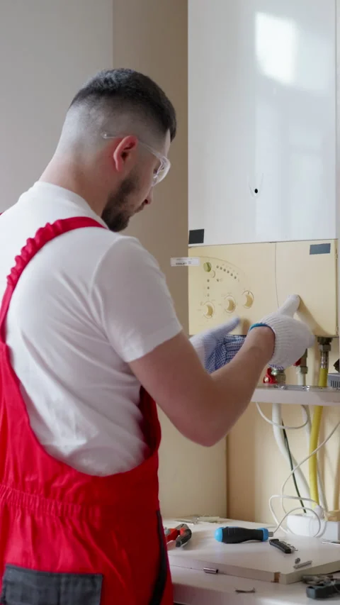 Heating technician adjusting boiler controls and inspecting connected pipes in a 動画素材 347942977
