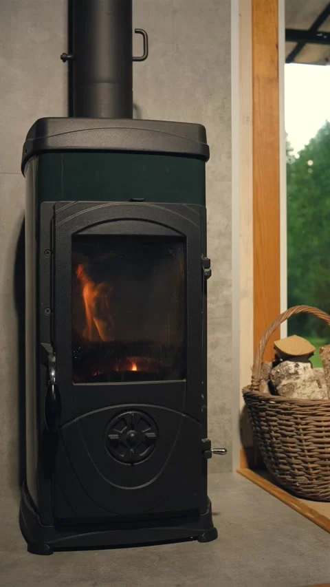 Heating tiny wooden cabin using small wood stove Stock Footage 339135103