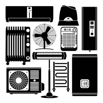 Heating, ventilation and conditioning silhouette icons set Stock Illustration