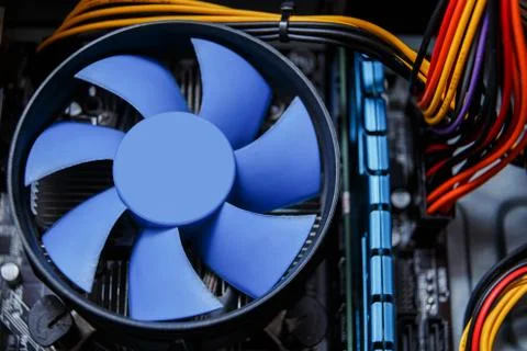 Heatsink and fan of central processing or the CPU cooler inside pc system unit. 스톡 사진