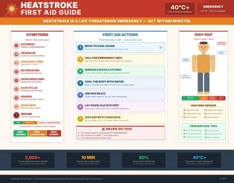 Heatstroke First Aid Infographic Vector Emergency Response Guide Stock Illustration