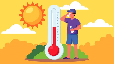 Heatwave Awareness Animation with Sweating Man, Thermometer and Hot Summer S Stock Footage 338037181
