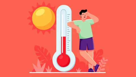 Heatwave Concept with Sweating Man, Sun and Thermometer Animation Background Stock Footage 338037769