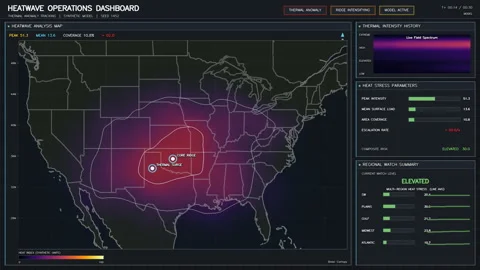 Heatwave Dashboard Animation Tracking Extreme Heat Dome Across US Map 스톡 동영상 338259590