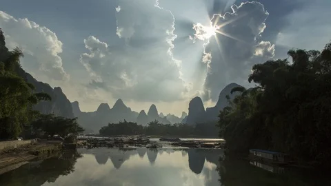 Heavenly rays at karst hills Stock Footage 99219744