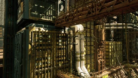Heavily equipped engine chamber. Large machinery room with heat sources Stock Footage 341833246