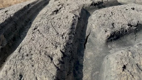 Heavily worn loader tire with deep tread. cuts and defects ha surface Stock Footage 240491062
