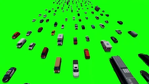 Heavy 3d traffic front upper view of vehicles on green screen background Stock-Footage 313547841