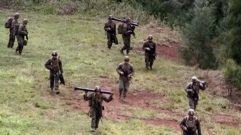 Heavy Armed Marines marching along the meadow, fighting Video stock 120831945