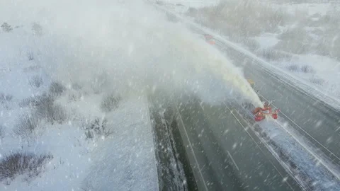 Heavy big storm snow fall, grader clean remove snow, snowplow, snow blower Stock Footage 85685169