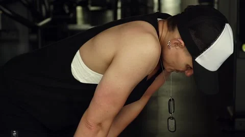 Heavy breathing of an athlete after training Stockbeeldmateriaal 94608104