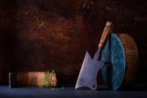 Heavy cleaver Chopper meat bone, seasoning herbs, Cooking concept Stock Photos