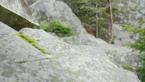 A heavy climb up the mountain through the rocks. A young concentrated man Stock-Footage 80032861