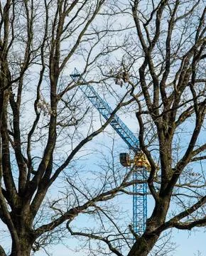 Heavy construction crane with trees infront Stock Photos