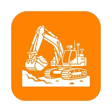 Heavy construction excavator machinery digging earth on bright orange squar.. Stock Illustration