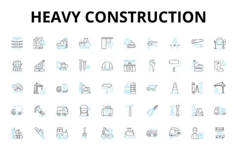Heavy construction linear icons set. Excavation, Bulldozer, Grader, Crane Stock Illustration