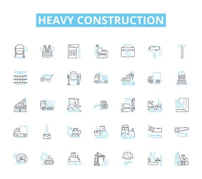 Heavy construction linear icons set. Excavation, Bulldozer, Grader, Crane Stock Illustration