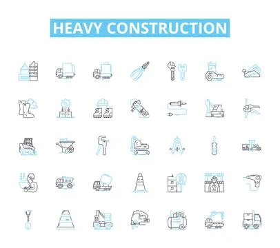 Heavy construction linear icons set. Excavation, Bulldozer, Grader, Crane Stock Illustration
