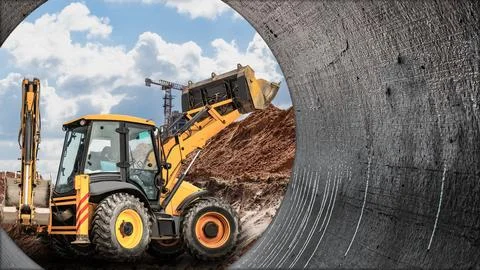 Heavy construction loader is engaged in pipe installation at a construction s Photos
