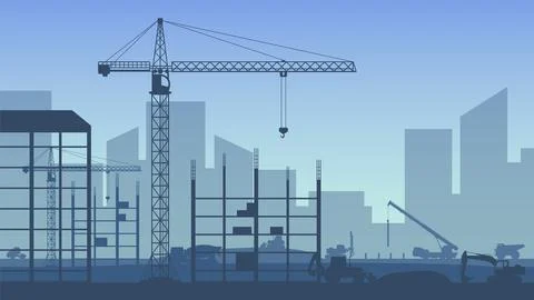 Heavy construction machinery in the city. Vector illustration. Stock Illustration