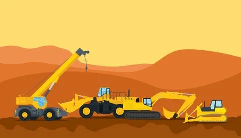 A heavy construction tools machine equipment on the site area vector graphic Stock Illustration