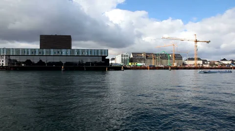 Heavy dark clouds over Copenhagen harbour Stock Footage 36604764
