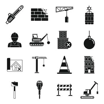 Heavy demolition work icons set, simple style Stock Illustration