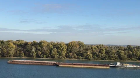 Heavy double freight cargo ship with steam and spinning radar antenna in 스톡 동영상 114805956