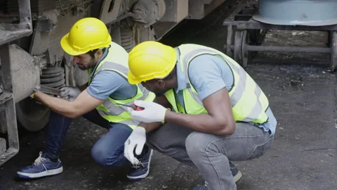 The heavy duty technicians working in the train garage  스톡 동영상 237297129