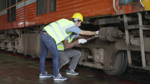The heavy duty technicians working in the train garage  스톡 동영상 237297446