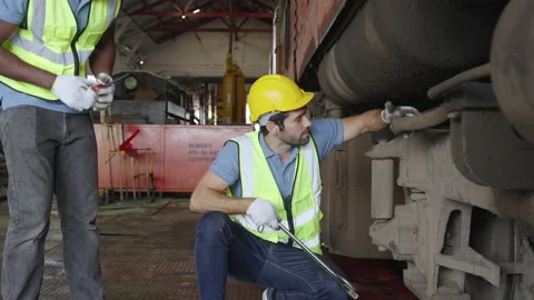 The heavy duty technicians working in the train garage  스톡 동영상 237297910