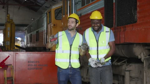 The heavy duty technicians working in the train garage  스톡 동영상 237299669