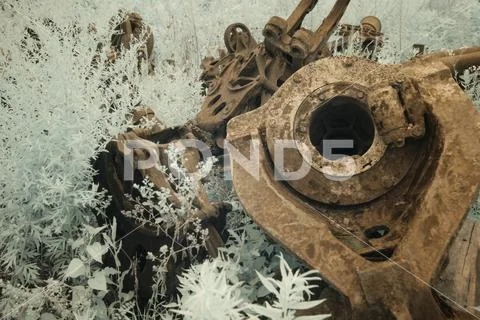 Heavy equipment in field of weeds in infrared Stock Photos