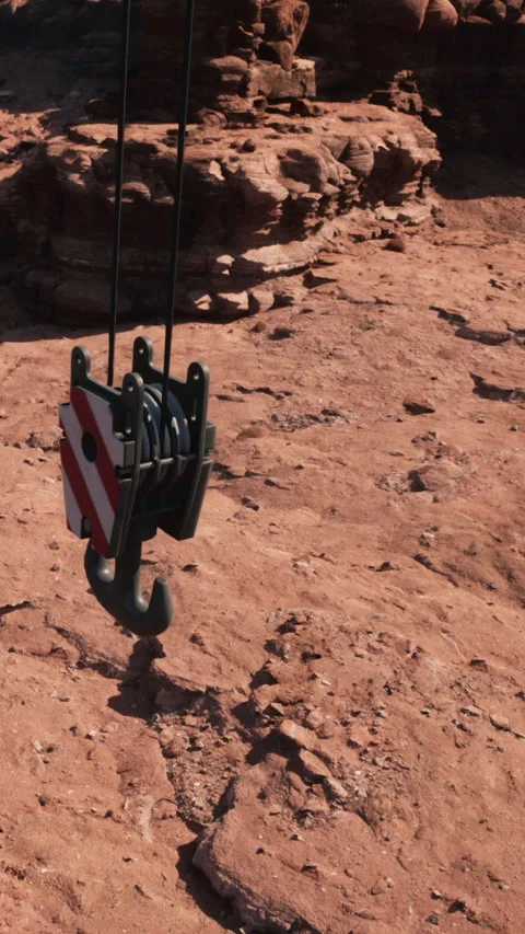 Heavy equipment hook hangs above rocky ground in remote location Stock Footage 340887693
