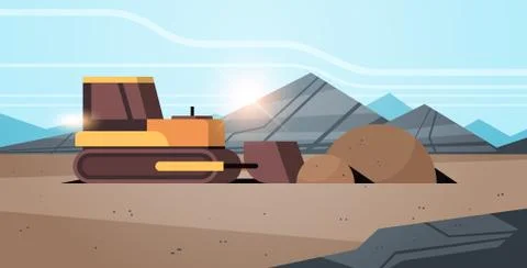 Heavy excavator yellow crawler loader machine working on coal mine production Stock Illustration