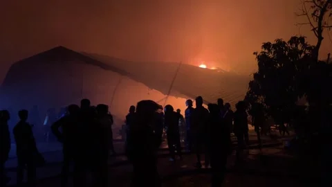 Heavy fire in plastic storage warehouse Stock Footage 290944792
